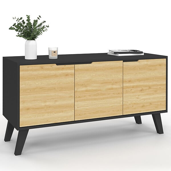 ID MARKET - Buffet bas scandinave 113 cm FINN 3 portes noir et bois façon hêtre - large