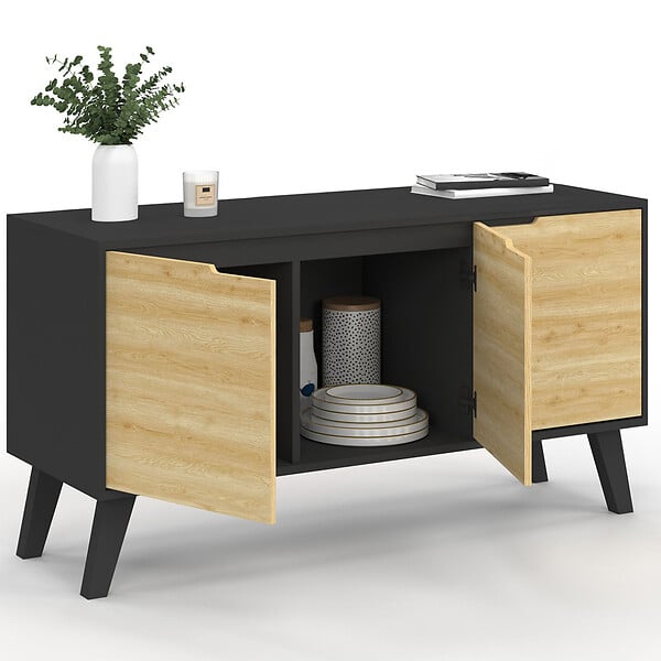 ID MARKET - Buffet bas scandinave 113 cm FINN 3 portes noir et bois façon hêtre - large
