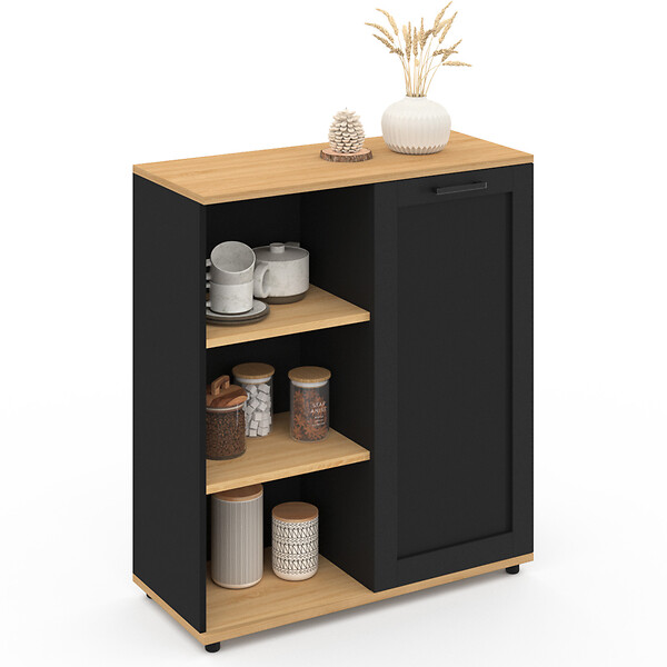 ID MARKET - Buffet d'appoint 70 cm VITO 3 étagères et placard noir et plateau bois - large