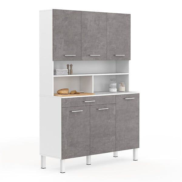 ID MARKET - Buffet de cuisine 120 CM CINA 6 portes + tiroir blanc et effet béton - large