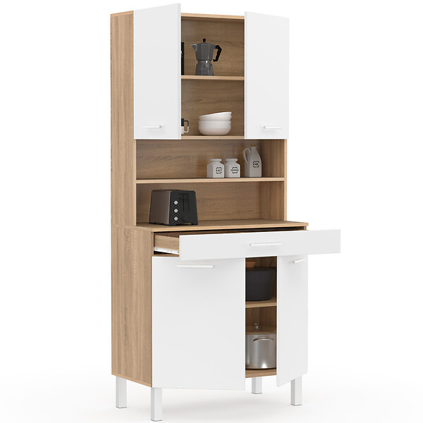 ID MARKET - Buffet de cuisine 80 CM CINA 4 portes + tiroir façon hêtre et blanc - large