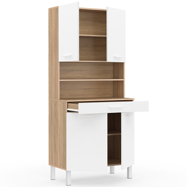 ID MARKET - Buffet de cuisine 80 CM CINA 4 portes + tiroir façon hêtre et blanc - large