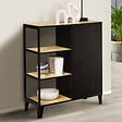 ID MARKET - Buffet d'appoint 3 étagères et placard métal noir et plateau bois 70 cm ESTER design industriel - vignette
