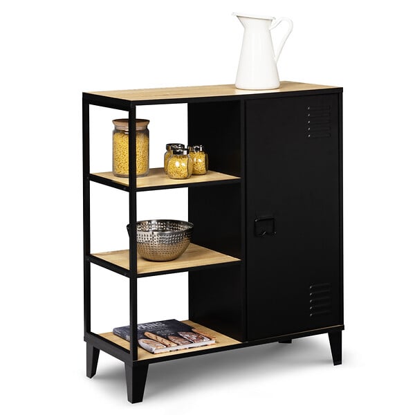 ID MARKET - Buffet d'appoint 3 étagères et placard métal noir et plateau bois 70 cm ESTER design industriel - large