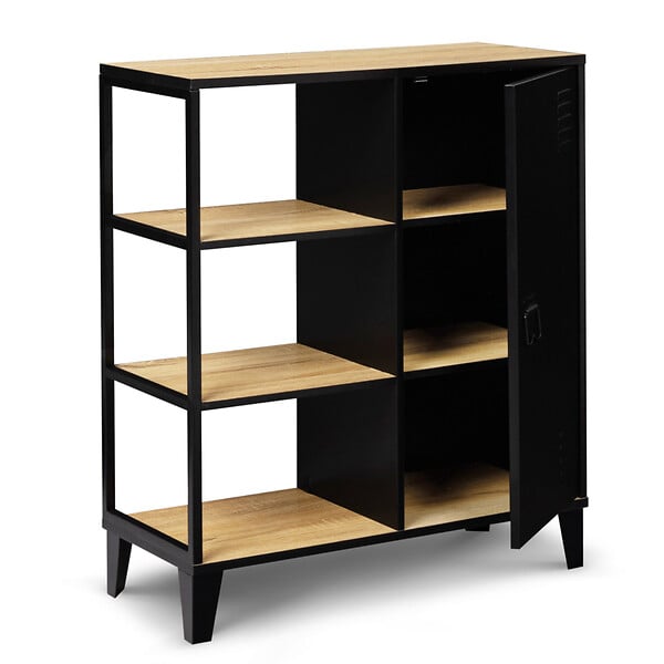 ID MARKET - Buffet d'appoint 3 étagères et placard métal noir et plateau bois 70 cm ESTER design industriel - large