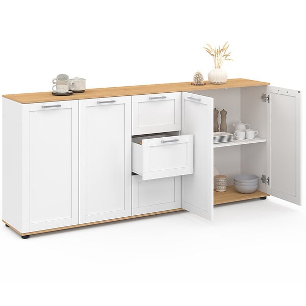 ID MARKET - Buffet 180 cm VITO XXL 4 portes avec 3 tiroirs bois et blanc - large