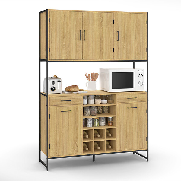 ID MARKET - Buffet de cuisine 120 CM DETROIT 5 portes + tiroirs + range-bouteilles design industriel - large