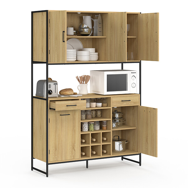 ID MARKET - Buffet de cuisine 120 CM DETROIT 5 portes + tiroirs + range-bouteilles design industriel - large