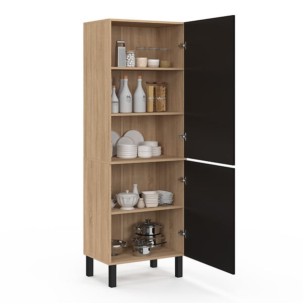 ID MARKET - Colonne de cuisine 60 cm CINA 2 portes façon hêtre et noir - large