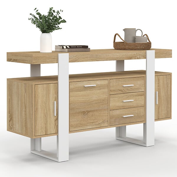 ID MARKET - Buffet 140 cm PHOENIX 3 portes et 3 tiroirs bois et blanc - large