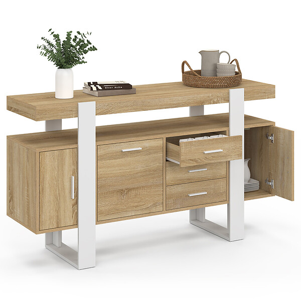 ID MARKET - Buffet 140 cm PHOENIX 3 portes et 3 tiroirs bois et blanc - large