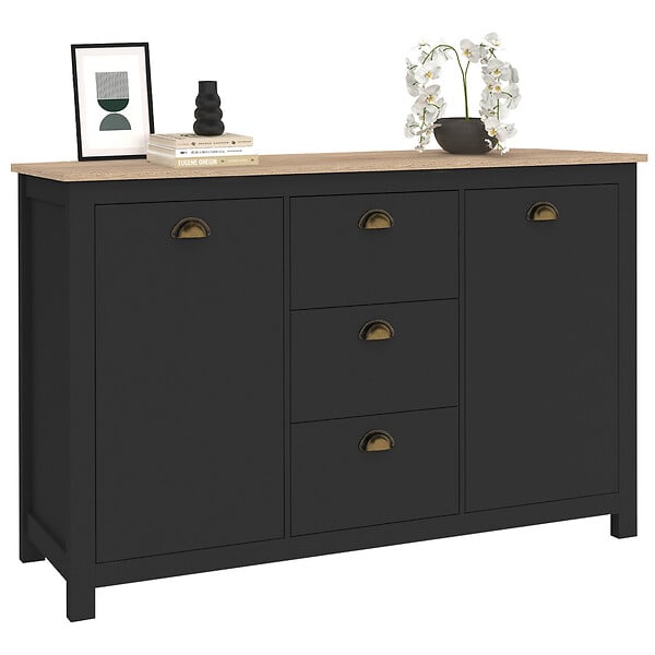 ID MARKET - Buffet 130 cm ISIS campagne 2 portes et 3 tiroirs bois et noir - large