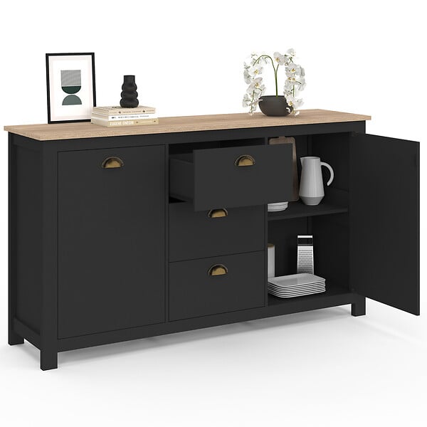 ID MARKET - Buffet 130 cm ISIS campagne 2 portes et 3 tiroirs bois et noir - large