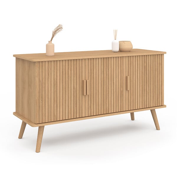 ID MARKET - Buffet 110 cm JULIETTE 3 portes lattes tasseau bois coloris chêne - large