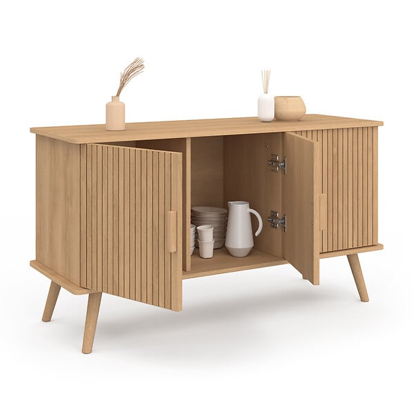 ID MARKET - Buffet 110 cm JULIETTE 3 portes lattes tasseau bois coloris chêne - large