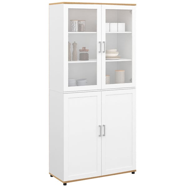 ID MARKET - Meuble armoire colonne salle de bain VITO 4 portes dont 2 vitrées blanc et bois - large
