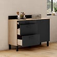 ID MARKET - Buffet bas casserolier de cuisine 120 cm CINA plan de travail H.83 cm 1 porte + 3 tiroirs façon hêtre et noir - vignette
