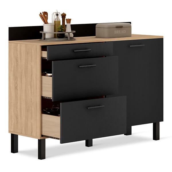 ID MARKET - Buffet bas casserolier de cuisine 120 cm CINA plan de travail H.83 cm 1 porte + 3 tiroirs façon hêtre et noir - large