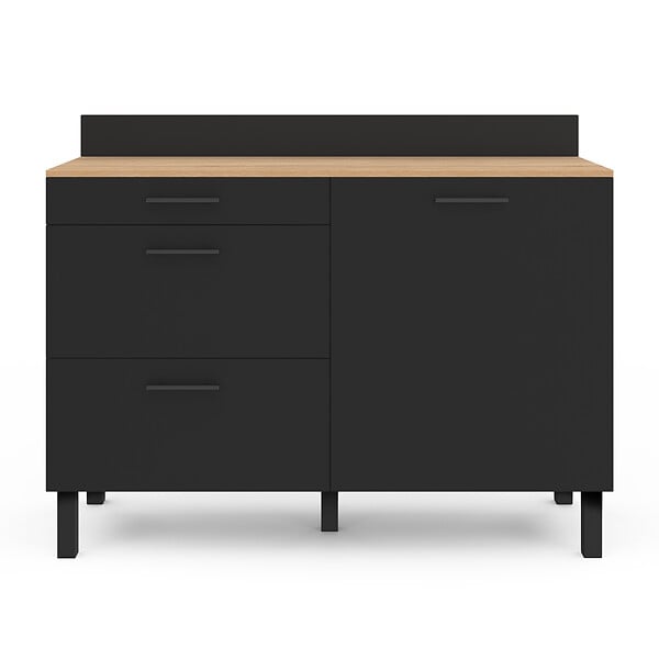 ID MARKET - Buffet bas casserolier de cuisine 120 cm CINA plan de travail H.83 cm 1 porte + 3 tiroirs façon hêtre et noir - large