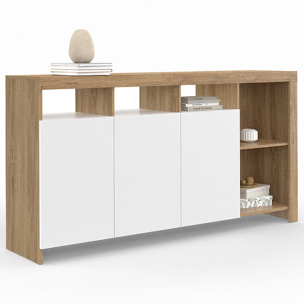 ID MARKET - Buffet 140 cm MALO bois façon hêtre et portes blanches - large