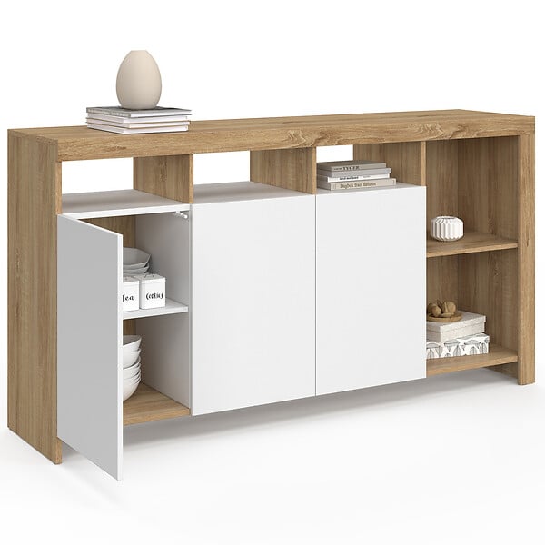 ID MARKET - Buffet 140 cm MALO bois façon hêtre et portes blanches - large