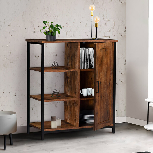 ID MARKET - Buffet d'appoint 3 étagères et placard 70 cm DAYTON effet vieilli design industriel - large
