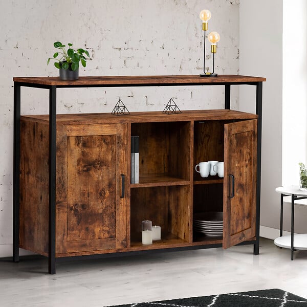 ID MARKET - Buffet 100 cm DAYTON  2 portes avec étagères effet vieilli design industriel - large