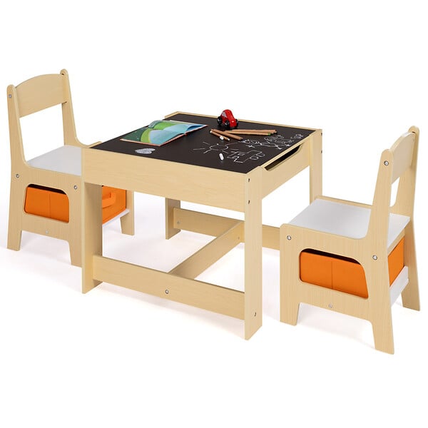 ID MARKET - Table à dessin reversible + 2 chaises GABRIEL avec bacs de rangement bois façon hêtre - large