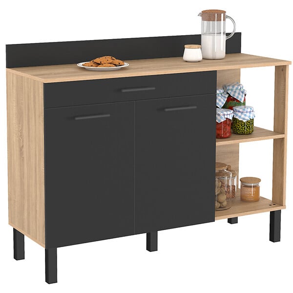 ID MARKET - Buffet bas de cuisine 120 CM CINA plan de travail H.83 cm 2 portes + tiroir façon hêtre et noir - large