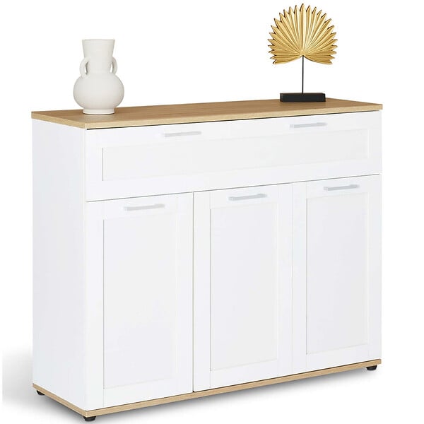 ID MARKET - Buffet 100 cm VITO 3 portes et 1 tiroir blanc et plateau bois - large
