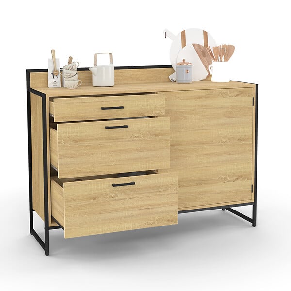ID MARKET - Buffet bas casserolier de cuisine 120 cm DETROIT plan de travail H.83 cm 1 porte + 3 tiroirs design industriel - large