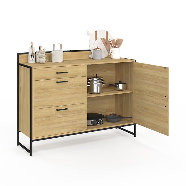 ID MARKET - Buffet bas casserolier de cuisine 120 cm DETROIT plan de travail H.83 cm 1 porte + 3 tiroirs design industriel - large