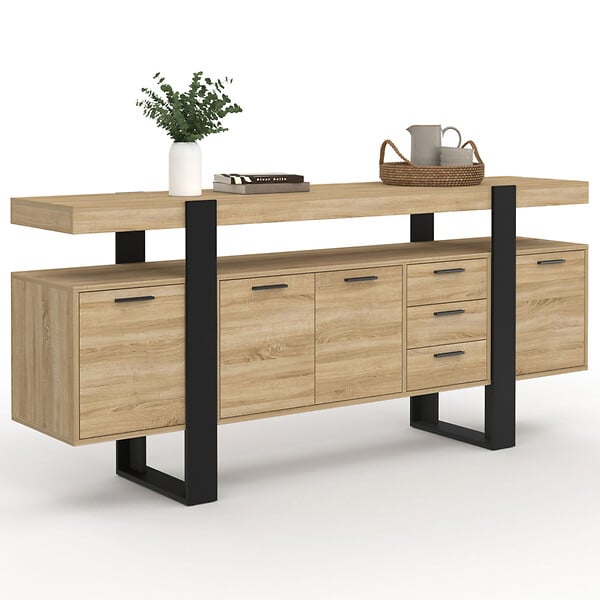 ID MARKET - Buffet 180 cm PHOENIX XXL 4 portes avec 3 tiroirs bois et noir - large