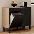 ID MARKET - Buffet bas de cuisine avec espace poubelle 100 cm CINA plan de travail H.83 cm 2 portes + tiroirs façon hêtre et noir - vignette