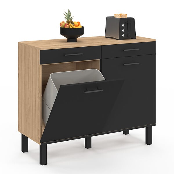 ID MARKET - Buffet bas de cuisine avec espace poubelle 100 cm CINA plan de travail H.83 cm 2 portes + tiroirs façon hêtre et noir - large