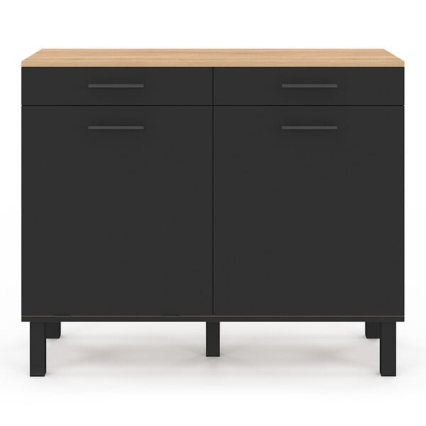 ID MARKET - Buffet bas de cuisine avec espace poubelle 100 cm CINA plan de travail H.83 cm 2 portes + tiroirs façon hêtre et noir - large