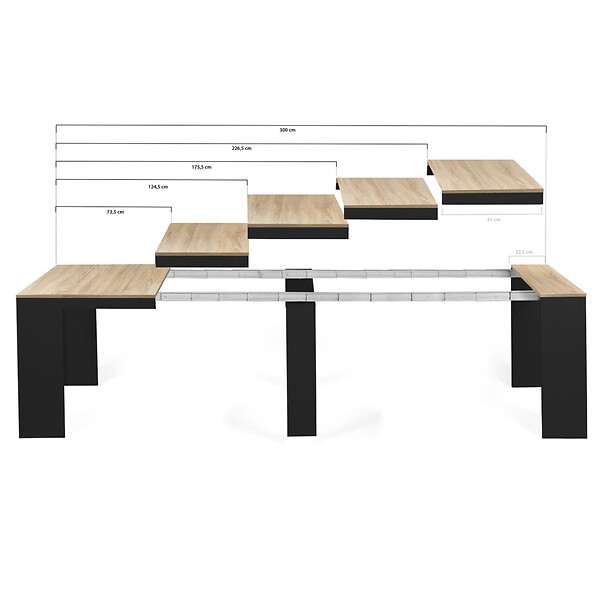 ID MARKET - Table console extensible ORLANDO 14 personnes 300 cm bois noir et façon hêtre - large