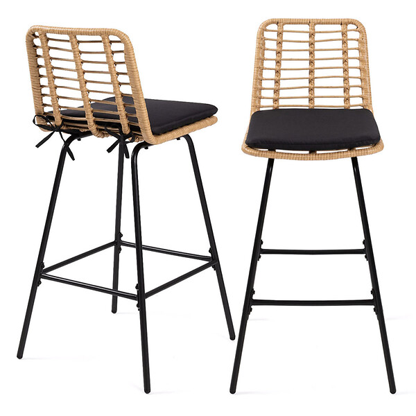 ID MARKET - Lot de 2 tabourets de bar SUMMER effet rotin pied métal noir - large