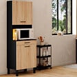 ID MARKET - Buffet de cuisine 60 CM CINA 2 portes + tiroir noir et façon hêtre - vignette