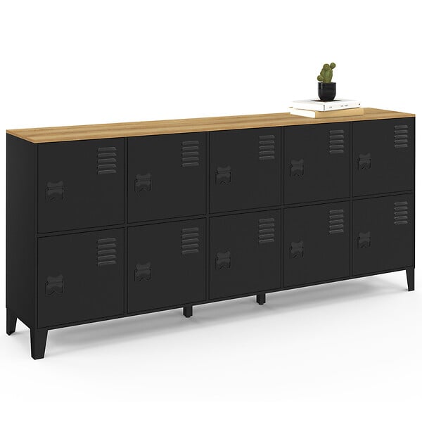 ID MARKET - Buffet casier 180 cm ESTER 10 portes en métal noir plateau bois design industriel - large