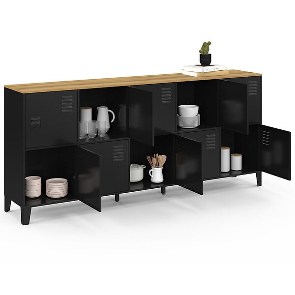 ID MARKET - Buffet casier 180 cm ESTER 10 portes en métal noir plateau bois design industriel - large