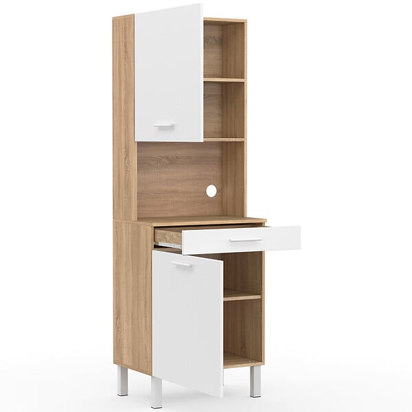 ID MARKET - Buffet de cuisine 60 CM CINA 2 portes + tiroir façon hêtre et blanc - large