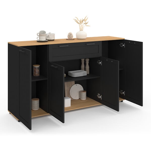 ID MARKET - Buffet 140 cm VITO 4 portes et 1 tiroir noir et bois - large