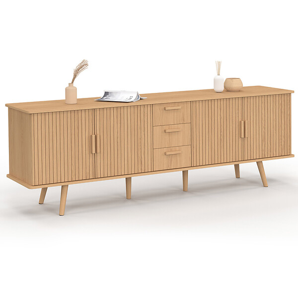 ID MARKET - Buffet 180 cm JULIETTE XXL 4 portes et 3 tiroirs effet lattes tasseau bois - large