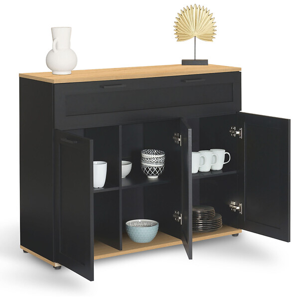 ID MARKET - Buffet 100 cm VITO 3 portes et 1 tiroir noir et plateau bois - large