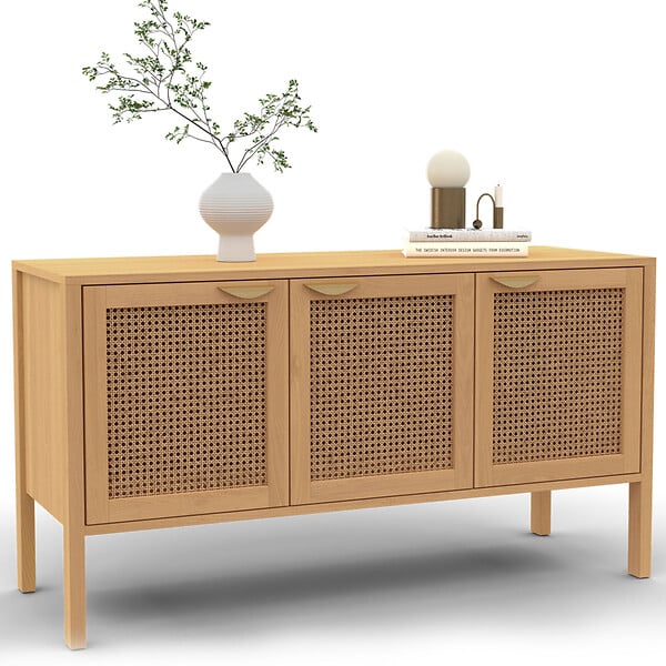 ID MARKET - Buffet bas 110 cm EDHEN 3 portes bois et cannage - large