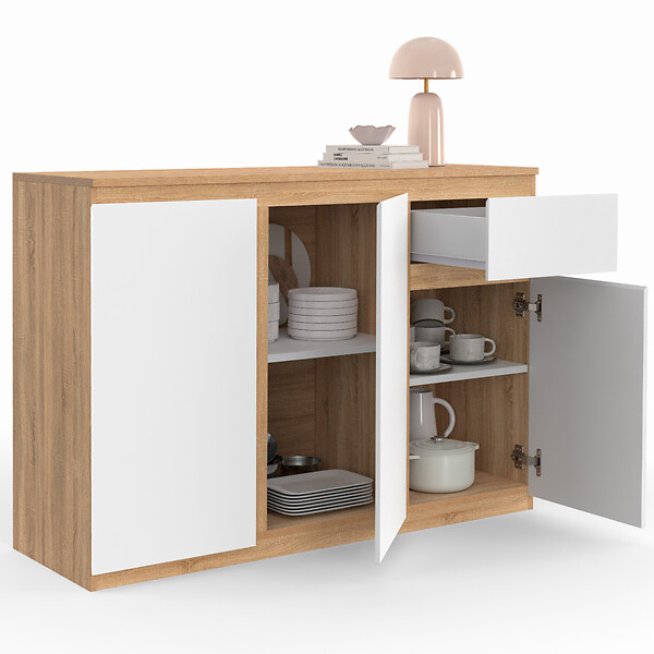 ID MARKET - Buffet 100 cm TOMI 3 portes et 1 tiroir blanc et bois - large