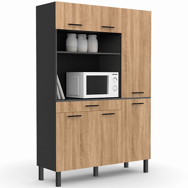 ID MARKET - Buffet de cuisine avec colonne de rangement 120 CM CINA 6 portes + tiroir noir et façon hêtre - large