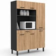 ID MARKET - Buffet de cuisine avec colonne de rangement 120 CM CINA 6 portes + tiroir noir et façon hêtre - vignette