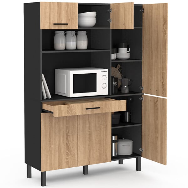 ID MARKET - Buffet de cuisine avec colonne de rangement 120 CM CINA 6 portes + tiroir noir et façon hêtre - large